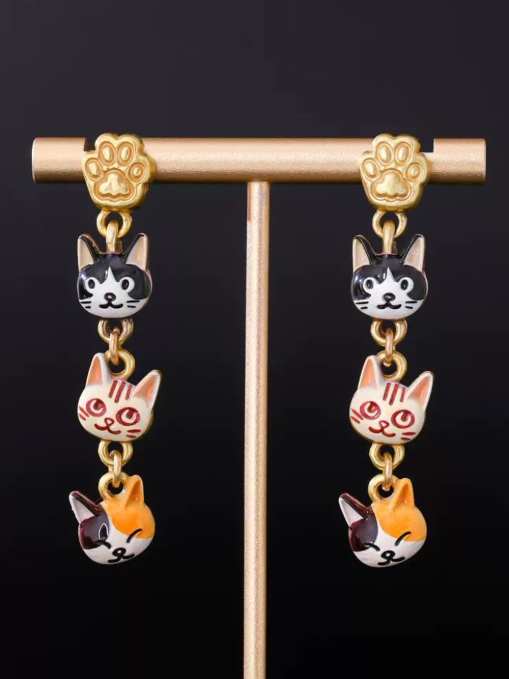 Cute Multicolor Cat Dangle Earrings Enamel Kitty Faces Paw Print Gold Tone